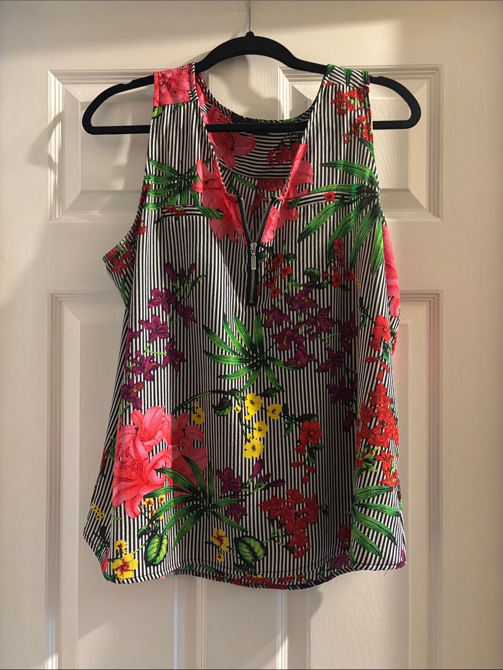 Floral Stripe Sleeveless Tank Top - Pink Green